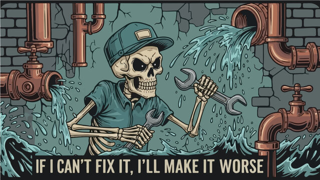 Funny skeleton plumber surrounded by leaking pipes with "If I Can't Fix It I'll Make It Worse" quote