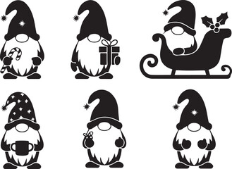 Festive gnomes silhouettes with candy, gift, hot cocoa, and sleigh