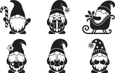 Festive gnomes silhouettes with candy, gift, hot cocoa, and sleigh