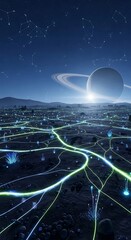 Futuristic Cityscape Under a Ringed Planet - A Sci-Fi Dream.