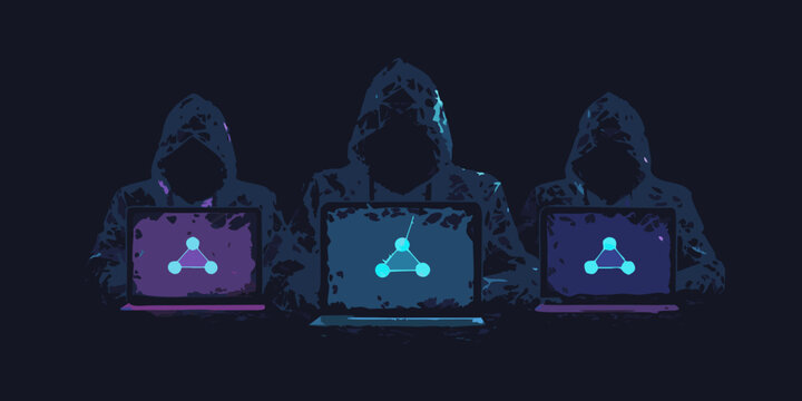 Anonymous hackers working on laptops dark web cyber security concept