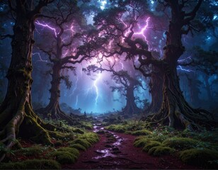 Forest path lightning storm trees nature