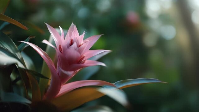 Delicate pink bromeliad flower with blurred green background