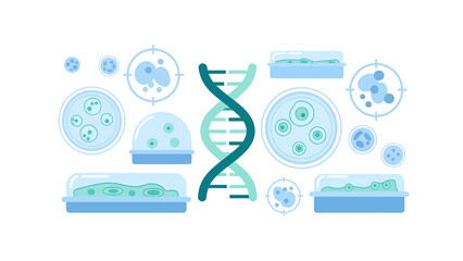 Innovative science design featuring DNA and cell cultures for medical research concepts and scientific advancement in a modern, minimalist style