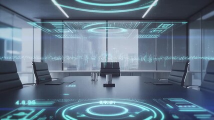 Futuristic conference room with holographic displays and modern decor.