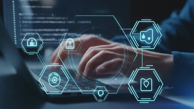 A person typing on a laptop with code displayed on the screen.