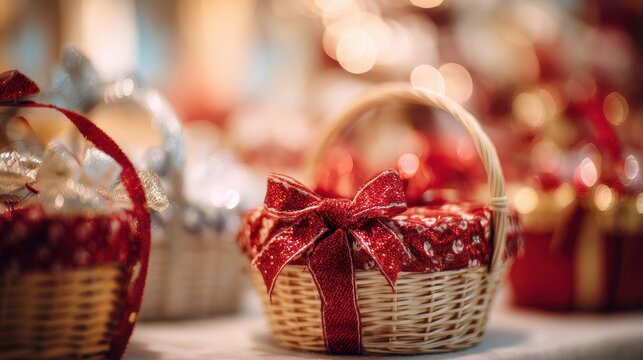Soft focus and background blurred Gift Baskets, Gift set .Holiday and Christmas and New year present Concept