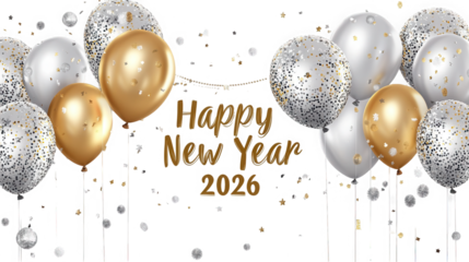 A festive happy new year celebration with gold and silver balloons and confetti on  on transparent background