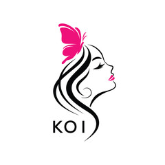 KOI Elegant Woman Beauty Logo. KOI Butterfly Feminine Salon, Cosmetics. KOI Spa Brand Icon.
