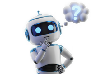 Curious white blue robot mascot contemplating problem solution isolated on transparent background