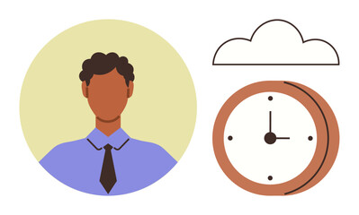 Businessperson in formal attire beside a clock and a cloud representing time management, scheduling, and cloud technology. Ideal for productivity, work-life balance, organization, planning, digital