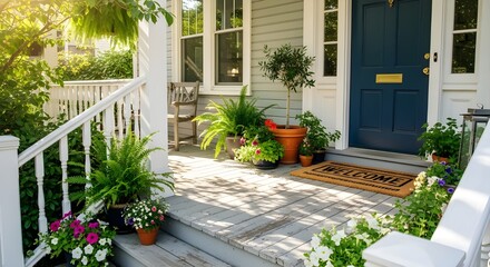 An old Greek house exterior with a wood door, flower garden, and a balcony terrace featuring blooming plants