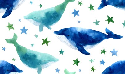 Naklejka premium a seamless pattern with watercolor blue whales, their colors creating a stunning contrast on a white background