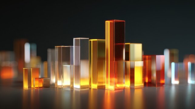 Stock bar chart, translucent elements illuminated from below, 3D illustration. 