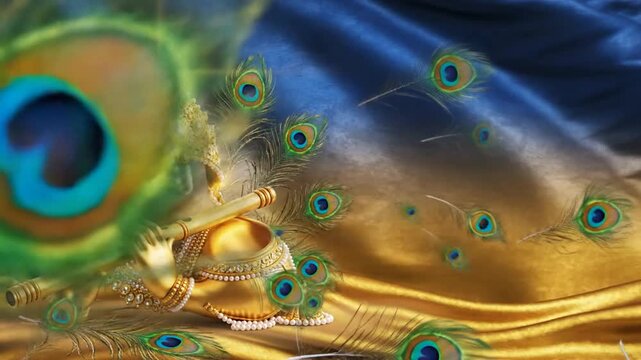 Gopal devotional banner, peacock blue to gold gradient, radiant flute resting beside a glowing Krishna crown