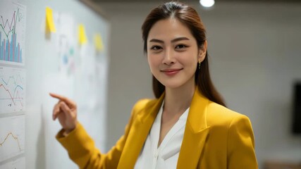 Asian business woman presenting data on whiteboard in office meeting - Powered by Adobe