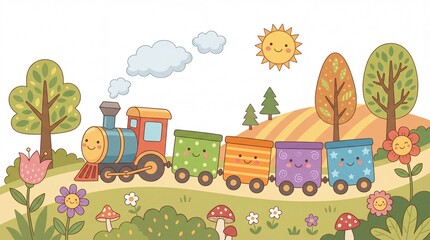 Cute Colorful Vector Train Traveling Through Landscape on White Background - Holiday Journey