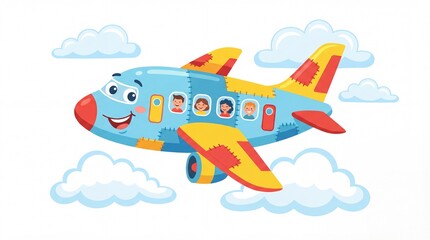 Cute Colorful Vector Airplane Flying with Clouds on White Background - Happy Holiday Travel Concept