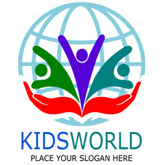 Kids world sign or logo design template. With Earth globe and children. 