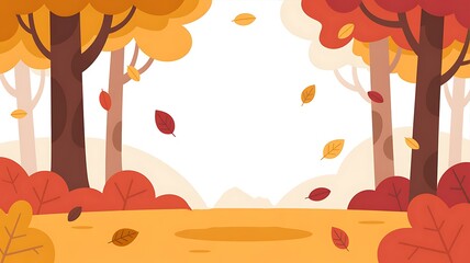 Minimalist flat design illustration of a vibrant autumn forest scene with falling leaves and warm seasonal colors, ideal for fall themes