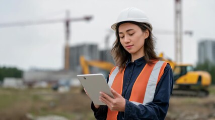 Asian female engineer using tablet at construction site backdrop - Powered by Adobe