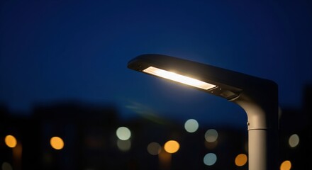 Street lamp illuminated at night against dark sky with blurred city lights.