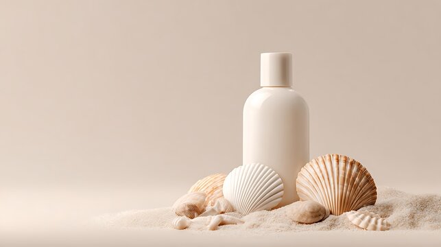 Minimalist White Bottle with Seashells on Sand Beach Scene in Natural Lighting - Powered by Adobe