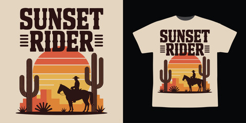 Sunset Rider Cowboy T-Shirt Design – Western Desert Silhouette Retro Sunset Illustration