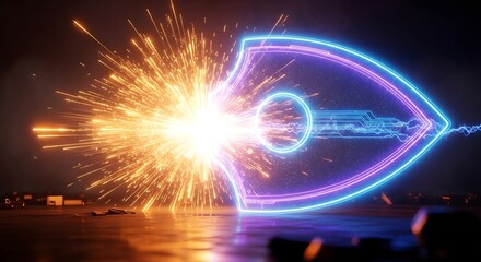 Cyber eye shield with neon outline faces intense spark explosion