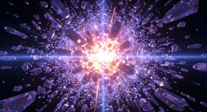 Explosion of purple crystals and light in abstract space. - Powered by Adobe