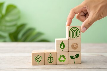 Hand placing a wooden block with green eco icons on a wooden surface indoors