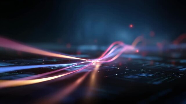 Abstract data stream visualization with glowing light trails effect
