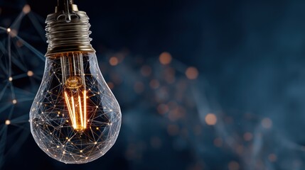 Innovative Light Bulb with Digital Network Overlay in Dark Background