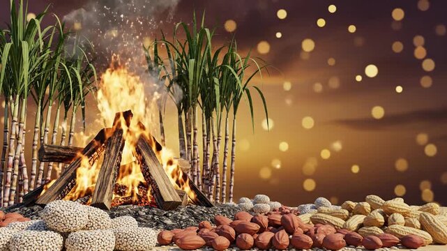 lohri banner, traditional Lohri bonfire with crackling animation, sugarcane stalks arranged neatly, rewri and peanuts scattered in foreground