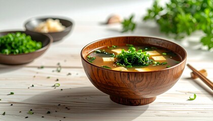 Delicious and healthy Japanese miso soup in a wooden bowl, garnished with fresh tofu, wakame seaweed, and scallions