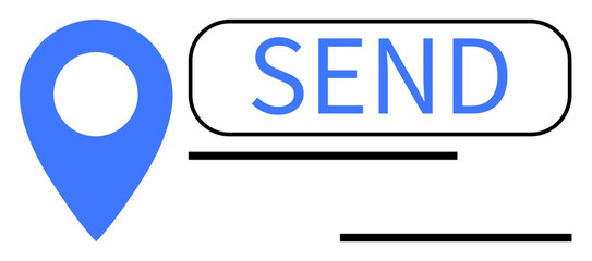 Blue location pin adjacent to Send button with minimal lines, symbolizing navigation, delivery, or messaging. Ideal for logistics, social media, travel, communication, apps connectivity simple flat