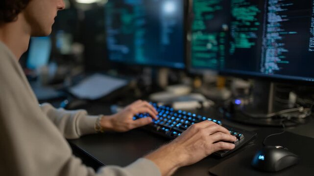 Computer programmer writing code on illuminated keyboard at night