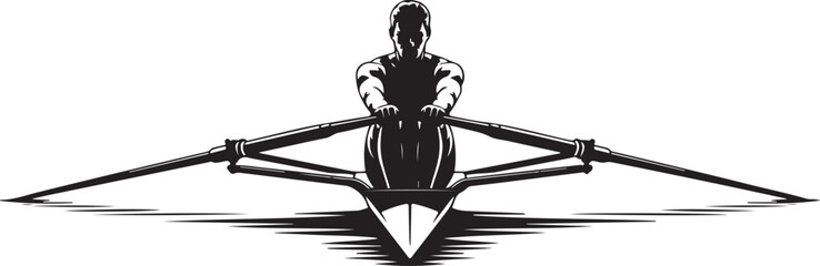 Overhead silhouette of a single scull rower in a racing shell with oars extended on white background © Masud