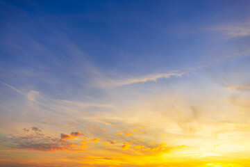 Cloud texture and orange sky in the morning,Orange sky and clouds in the morning,Sunset sky clouds in the evening summer with Orange, Yellow sunlight in Golden hour or morning sunrise, Horizon sky