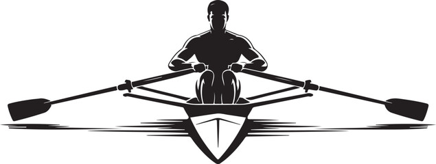 Overhead silhouette of a single scull rower in a racing shell with oars extended on white background © Masud