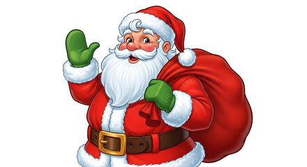 Jolly santa claus waving a friendly greeting, holding a large red sack full of gifts, ready for christmas celebrations and holiday joy