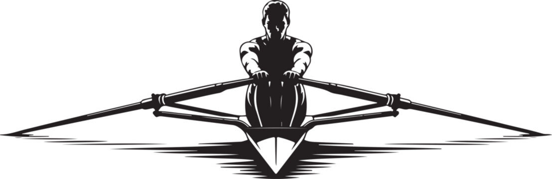 Overhead silhouette of a single scull rower in a racing shell with oars extended on white background