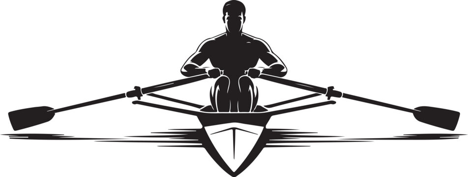 Overhead silhouette of a single scull rower in a racing shell with oars extended on white background