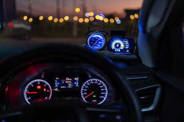 Car digital speedometer,Сompass on the digital dashboard of modern car. Modern digital car...