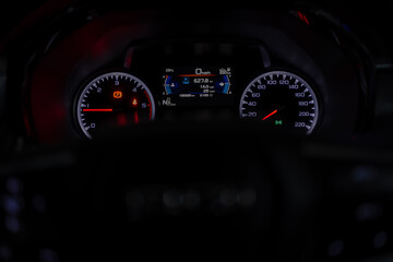 Car digital speedometer,Close up shot of digital speedometer in modern car console. Console panel of the car.