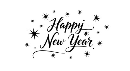 Obraz premium Happy new year hand lettered calligraphic vector greeting with festive sparkling stars on a clean white background, celebration