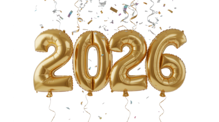 Golden 2026 balloons with confetti isolated on transparent background