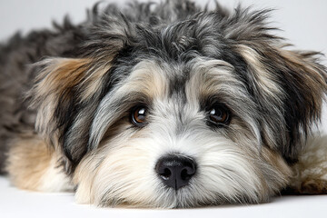 Close up of adorable fluffy dog lying down with soft fur and expressive brown eyes on bright white background
