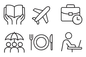 Various outline icons representing travel education leisure and lifestyle concepts