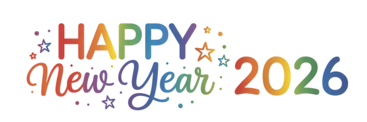 Happy new year 2026 colorful text with stars isolated on transparent background
